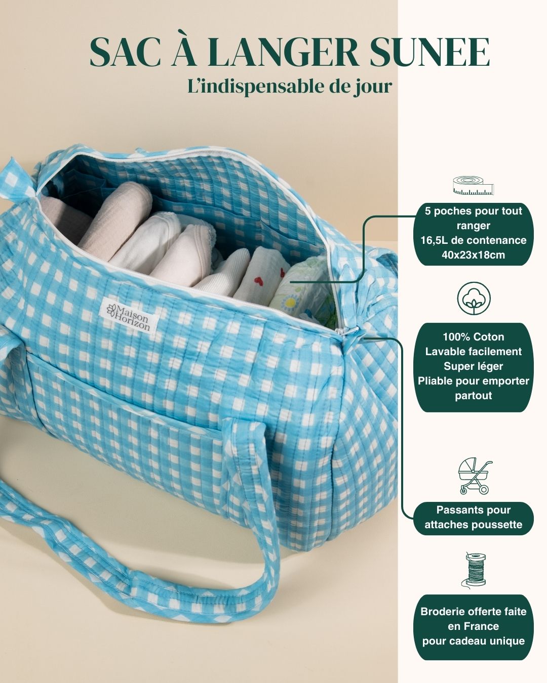 Sac à langer Sunee vichy bleu ciel