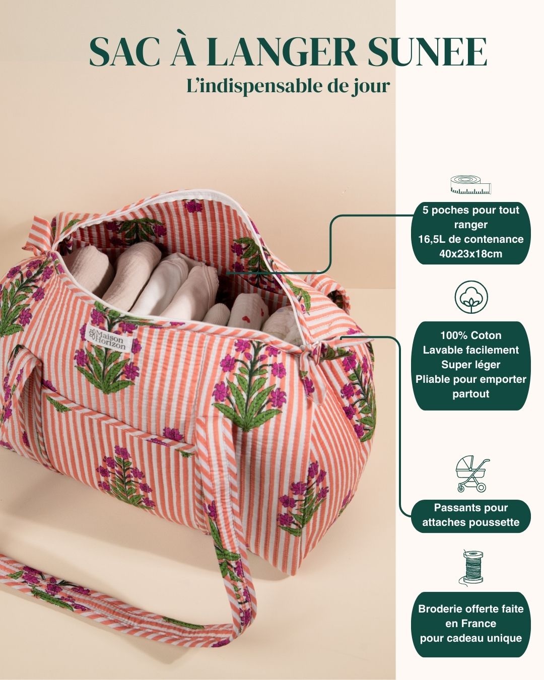 Sac à langer Sunee gardenia corail